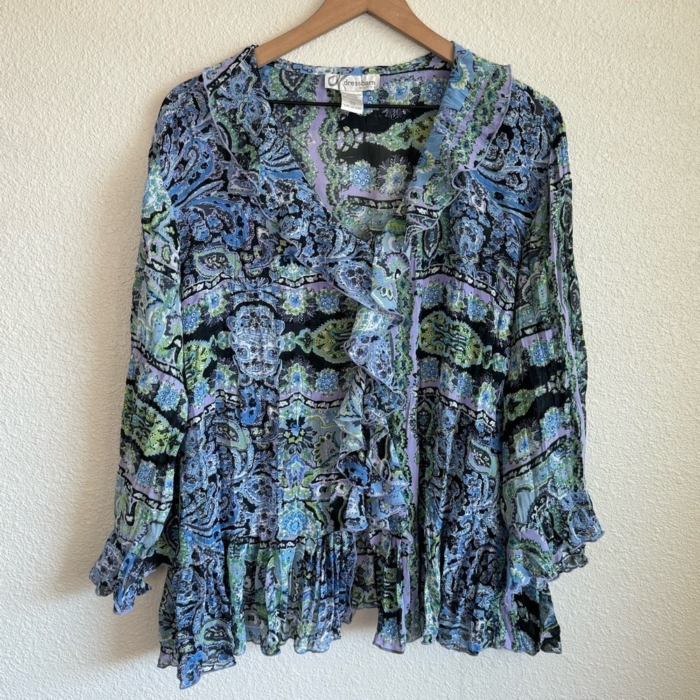 Dressbarn Women's 3X Ruffle Paisley Blouse Boho Blue Long Sleeve Lightweight